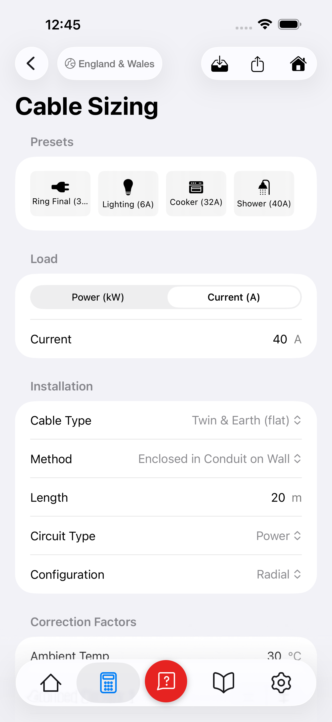 Cable sizing calculator input form with Shower 40A preset selected