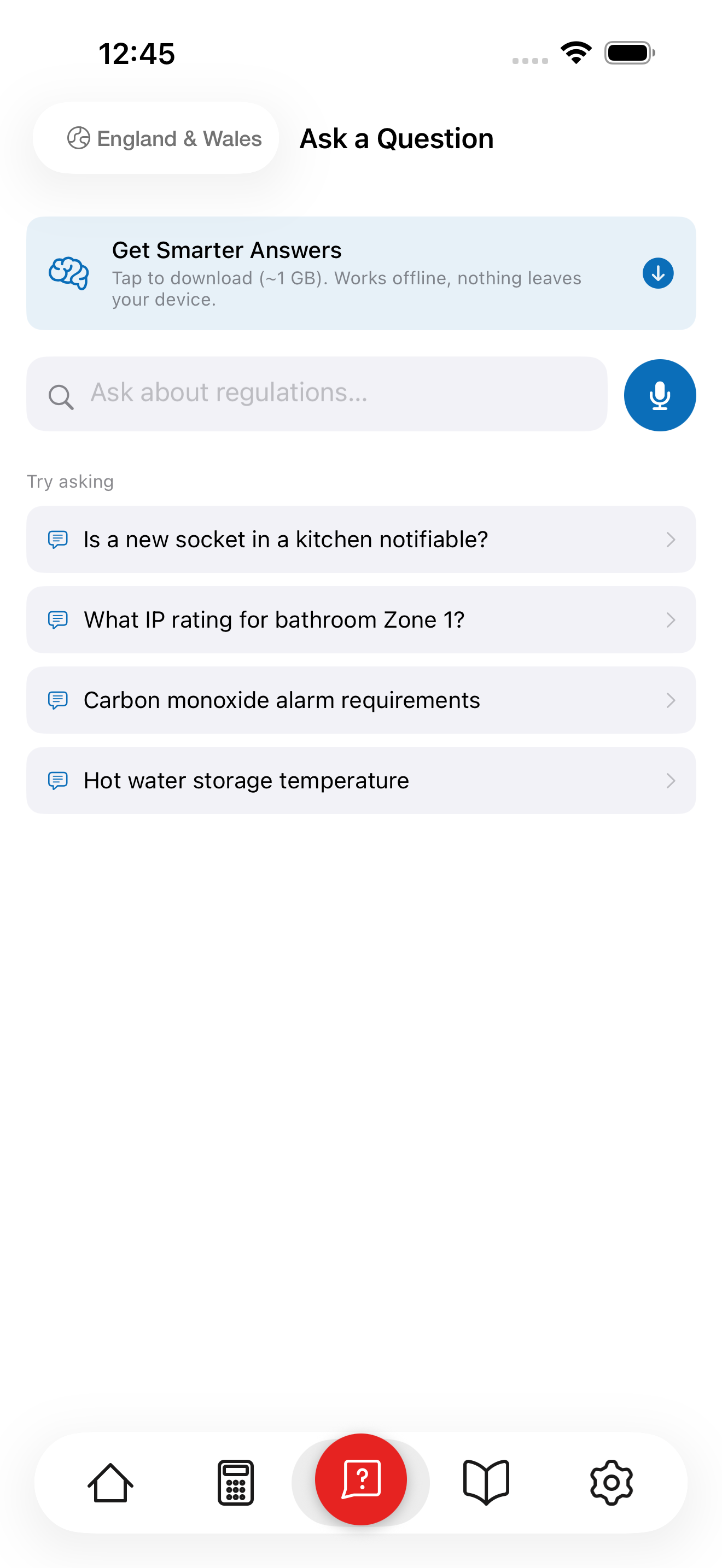 Empty Ask screen with example questions