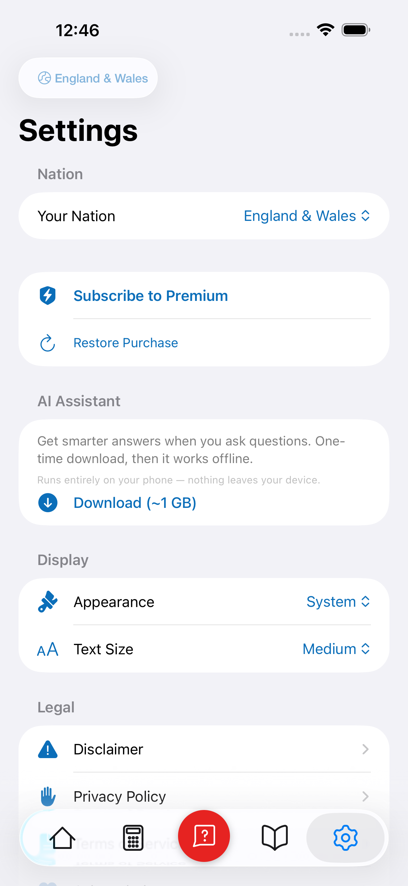 Settings screen showing nation selector and app preferences